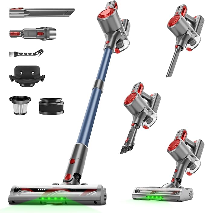 Cordless Vacuum Cleaner, Powerful Stick Vacuum with Green Light Anti-Tangle Brush, Removable Battery, 6-in-1 Lightweight