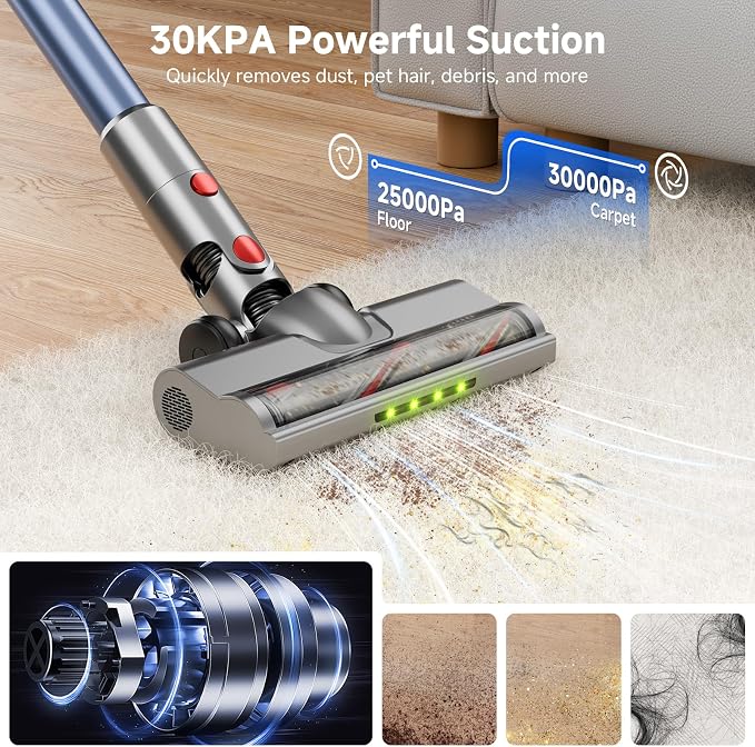 Cordless Vacuum Cleaner, Powerful Stick Vacuum with Green Light Anti-Tangle Brush, Removable Battery, 6-in-1 Lightweight