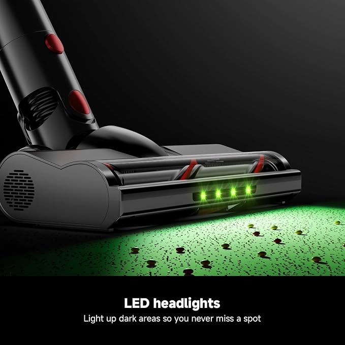 Cordless Vacuum Cleaner, Powerful Stick Vacuum with Green Light Anti-Tangle Brush, Removable Battery, 6-in-1 Lightweight