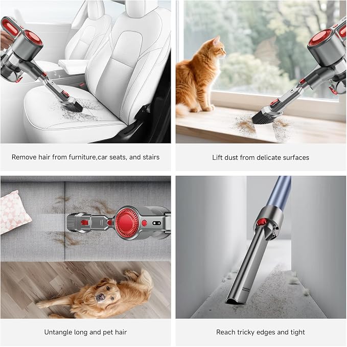 Cordless Vacuum Cleaner, Powerful Stick Vacuum with Green Light Anti-Tangle Brush, Removable Battery, 6-in-1 Lightweight