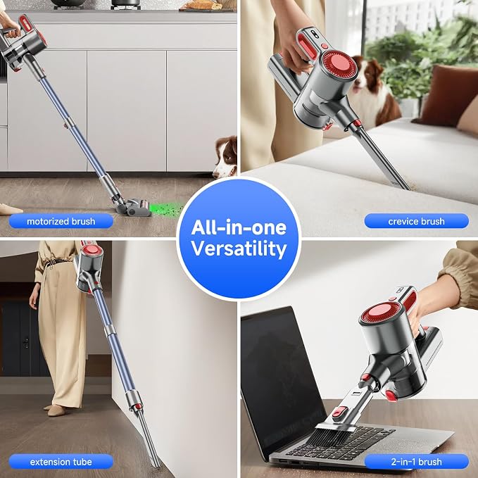 Cordless Vacuum Cleaner, Powerful Stick Vacuum with Green Light Anti-Tangle Brush, Removable Battery, 6-in-1 Lightweight
