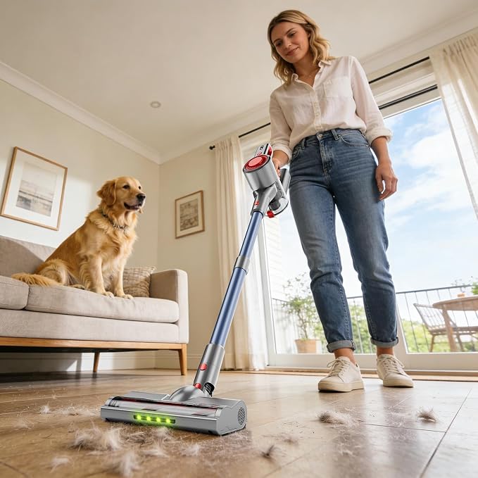 Cordless Vacuum Cleaner, Powerful Stick Vacuum with Green Light Anti-Tangle Brush, Removable Battery, 6-in-1 Lightweight