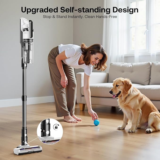 Cordless Vacuum Cleaner, Self-Standing Lightweight Stick Vacuum with 50 mins Runtime, Powerful Suction, Anti-Tangle Wireless
