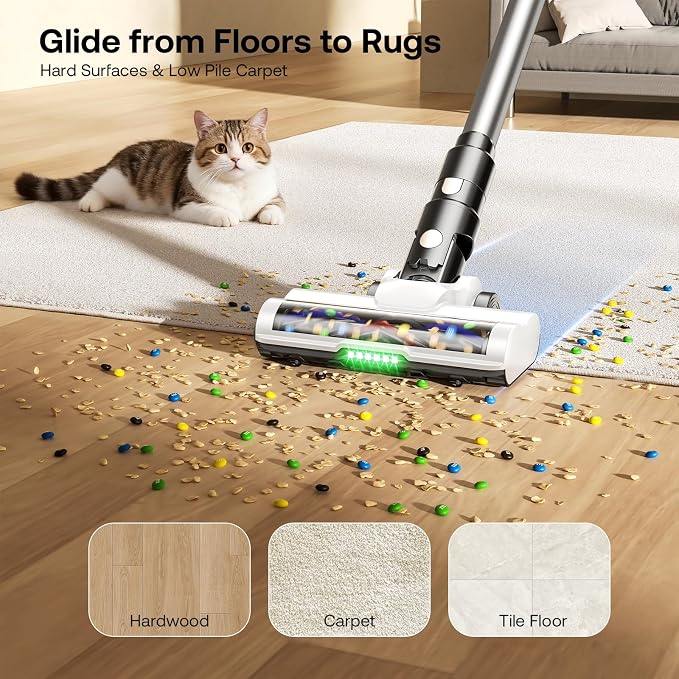 Cordless Vacuum Cleaner, Self-Standing Lightweight Stick Vacuum with 50 mins Runtime, Powerful Suction, Anti-Tangle Wireless