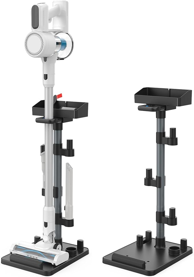 Cordless Vacuum Cleaner Stand, Longer Fixed Height Stick Vacuum Standing Dock, 7 Accessory Holders Attachments Organizer and