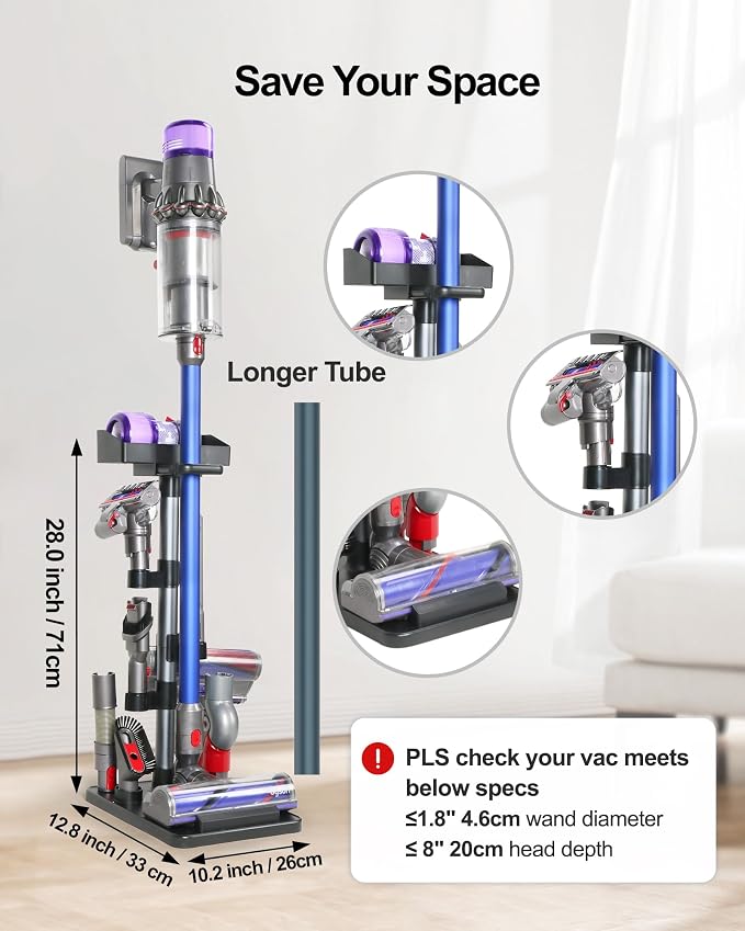 Cordless Vacuum Cleaner Stand, Longer Fixed Height Stick Vacuum Standing Dock, 7 Accessory Holders Attachments Organizer and