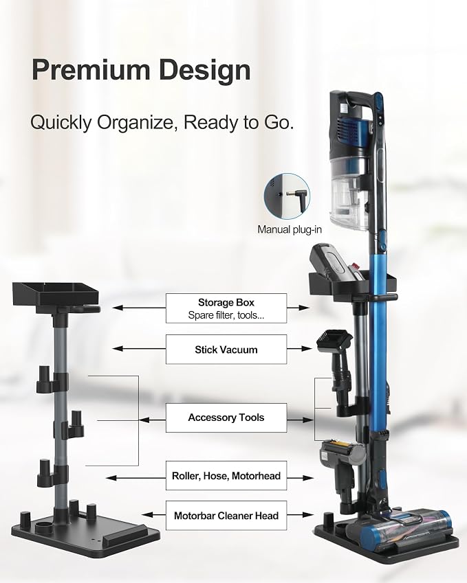 Cordless Vacuum Cleaner Stand, Longer Fixed Height Stick Vacuum Standing Dock, 7 Accessory Holders Attachments Organizer and
