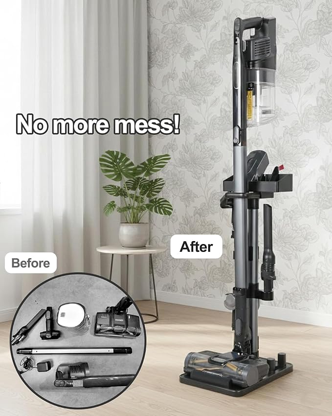 Cordless Vacuum Cleaner Stand, Longer Fixed Height Stick Vacuum Standing Dock, 7 Accessory Holders Attachments Organizer and