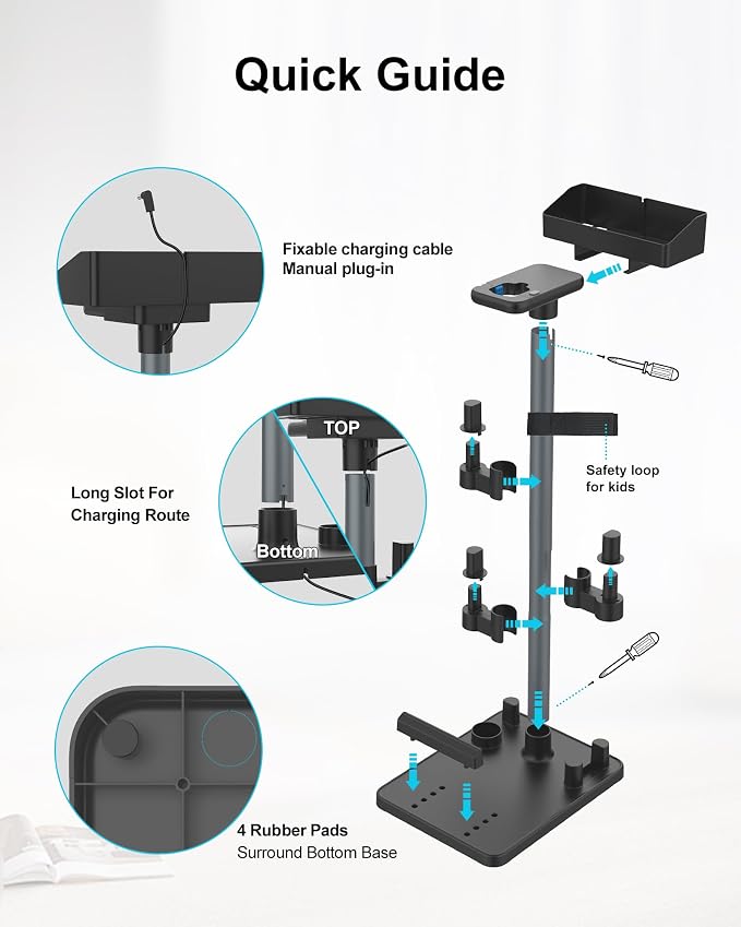 Cordless Vacuum Cleaner Stand, Longer Fixed Height Stick Vacuum Standing Dock, 7 Accessory Holders Attachments Organizer and