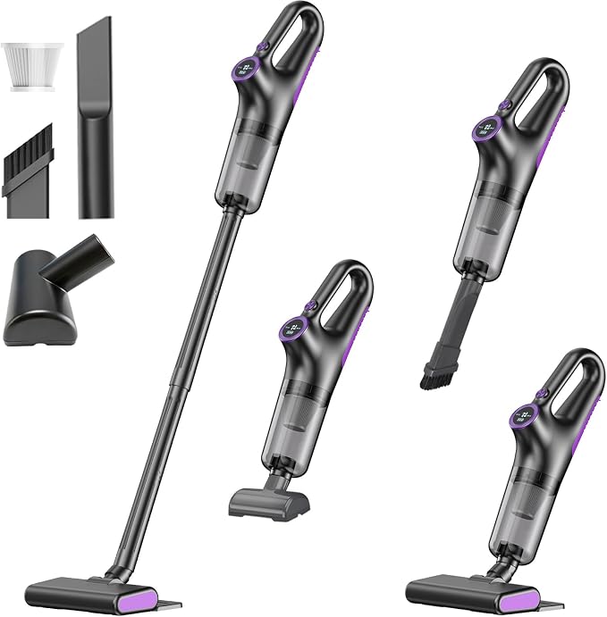 Cordless Vacuum Cleaner, Stick Vacuum Cordless Rechargeable with Powerful Suction and LED Display, Portable Vacuum Cleaners