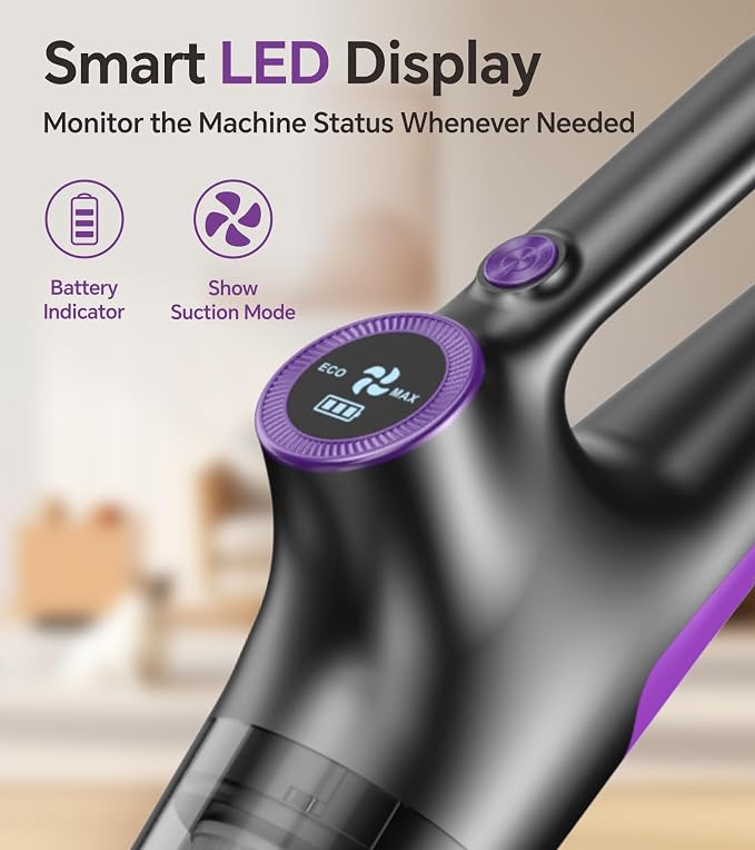 Cordless Vacuum Cleaner, Stick Vacuum Cordless Rechargeable with Powerful Suction and LED Display, Portable Vacuum Cleaners