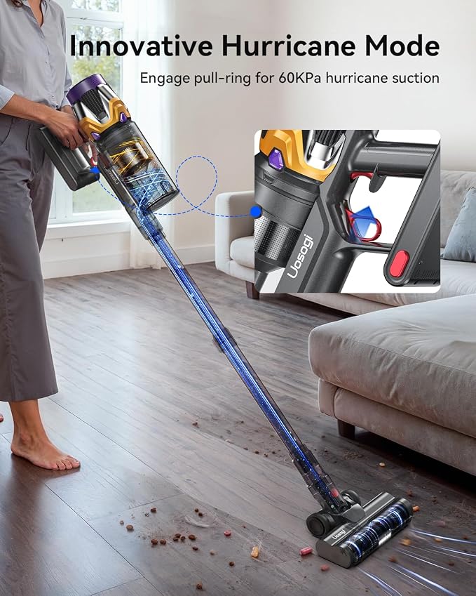 Cordless Vacuum Cleaner, Upgraded 55KPA 650W 70Mins Stick Vacuum with Hurricane Mode, Self-Standing, Touch Screen, 1.8L Dust