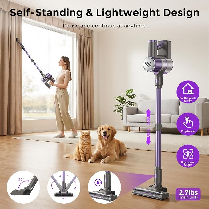 Cordless Vacuum Cleaner,Vacuum Cleaner for Home with Brushless Motor,Lightweight Stick Vacuum with Self-Standing and Touch