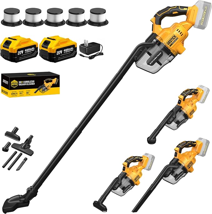 Cordless Vacuum Cleaner with 2x4.0A Battery&Quick Charger | 50kPa 125AW Strong Suction | 5 HEPA Filters | 4-in-1 Nozzle |
