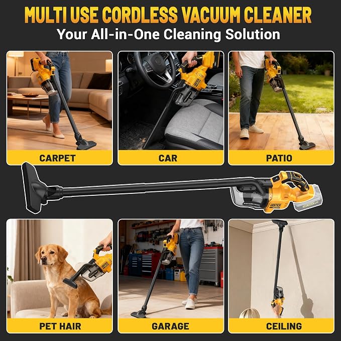 Cordless Vacuum Cleaner with 2x4.0A Battery&Quick Charger | 50kPa 125AW Strong Suction | 5 HEPA Filters | 4-in-1 Nozzle |