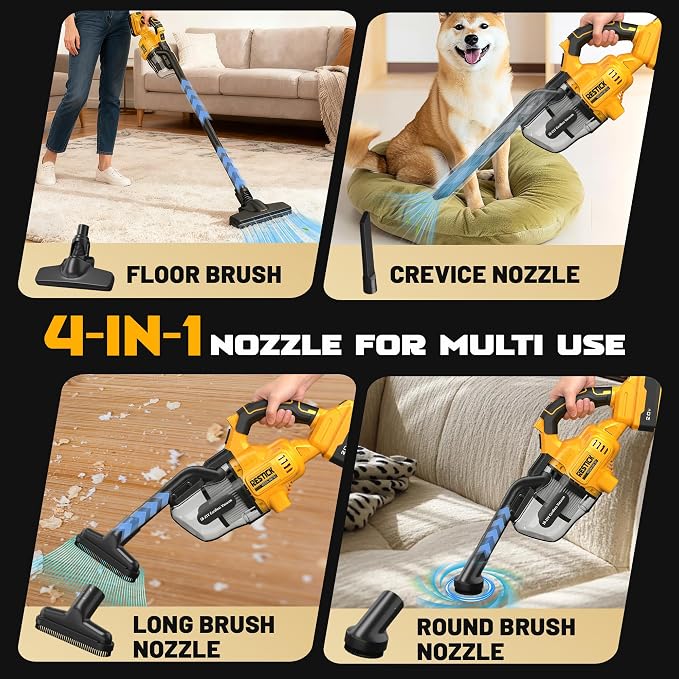 Cordless Vacuum Cleaner with 2x4.0A Battery&Quick Charger | 50kPa 125AW Strong Suction | 5 HEPA Filters | 4-in-1 Nozzle |