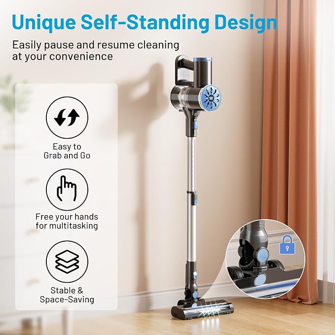 Cordless Vacuum Cleaner with Self-Standing, LED Screen Stick Vacuum Cleaners for Home, Lightweight Powerful Suction Vacuum