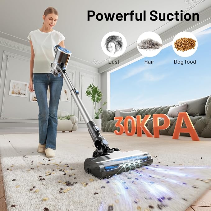 Cordless Vacuum Cleaner with Self-Standing, LED Screen Stick Vacuum Cleaners for Home, Lightweight Powerful Suction Vacuum