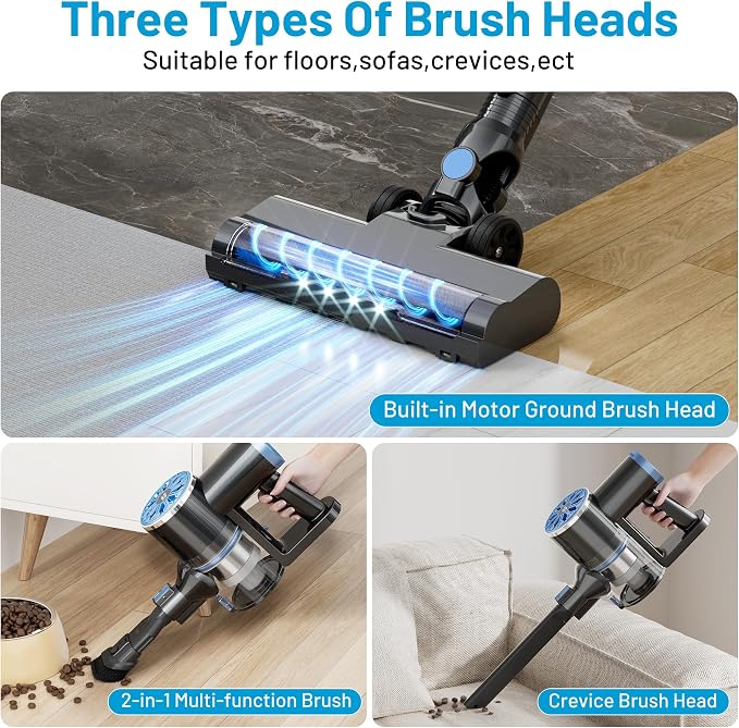 Cordless Vacuum Cleaner with Self-Standing, LED Screen Stick Vacuum Cleaners for Home, Lightweight Powerful Suction Vacuum