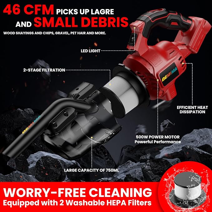Cordless Vacuum for Miwaukee 18V Battery, 5 in 1 Lightweight Handheld Vacuum Cleaner with 500W Powerful Motor, 46 CFM