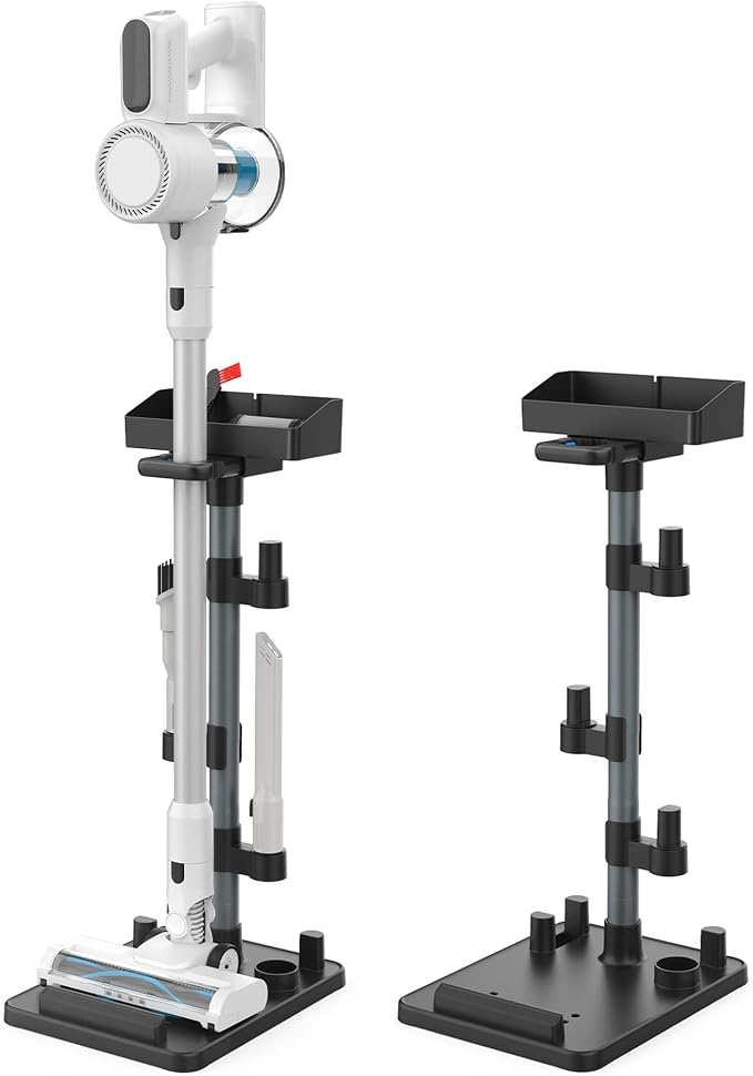 Cordless Vacuum Stand, Height-Adjustable Stick Vacuum Standing Dock Station, 7 Accessory Holders Attachments Organizer and