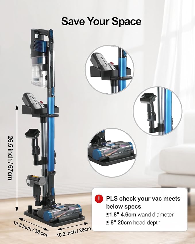 Cordless Vacuum Stand, Height-Adjustable Stick Vacuum Standing Dock Station, 7 Accessory Holders Attachments Organizer and