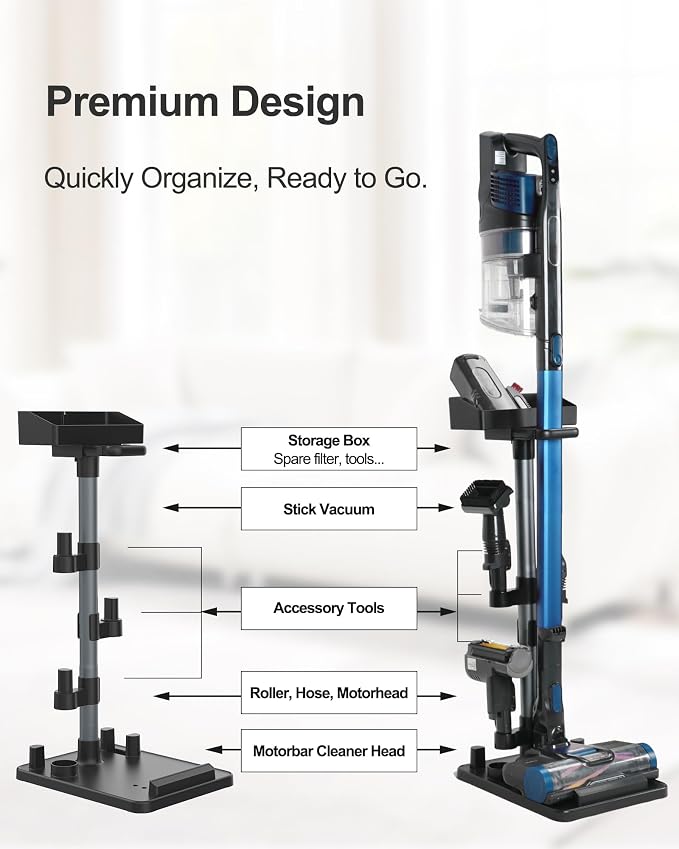 Cordless Vacuum Stand, Height-Adjustable Stick Vacuum Standing Dock Station, 7 Accessory Holders Attachments Organizer and