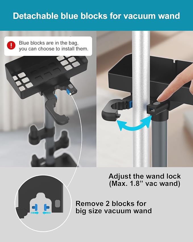 Cordless Vacuum Stand, Height-Adjustable Stick Vacuum Standing Dock Station, 7 Accessory Holders Attachments Organizer and