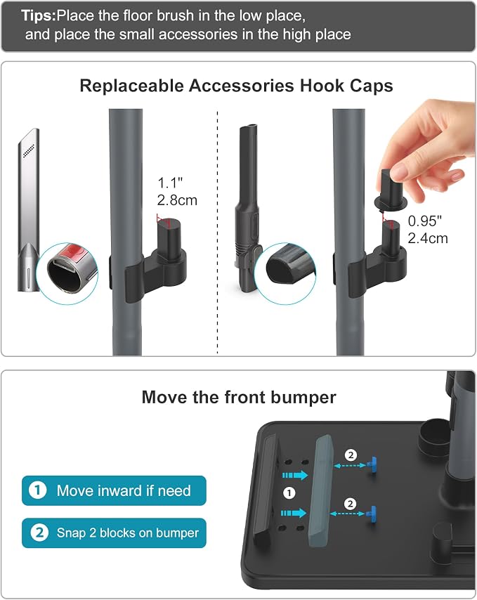 Cordless Vacuum Stand, Height-Adjustable Stick Vacuum Standing Dock Station, 7 Accessory Holders Attachments Organizer and