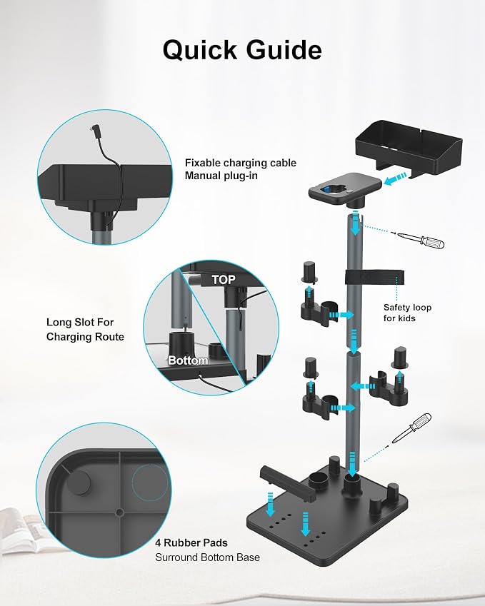 Cordless Vacuum Stand, Height-Adjustable Stick Vacuum Standing Dock Station, 7 Accessory Holders Attachments Organizer and