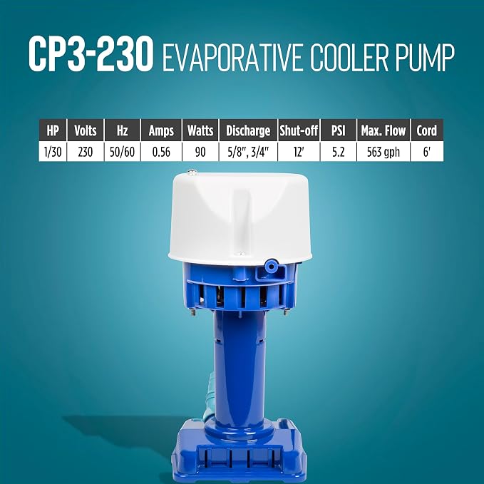 CP3-230 1/30 HP, 230 Volt, 563 GPH, Evaporative Cooler Pump with 6-Ft. Cord and 3-Prong Plug, Blue, 542015, alternate product