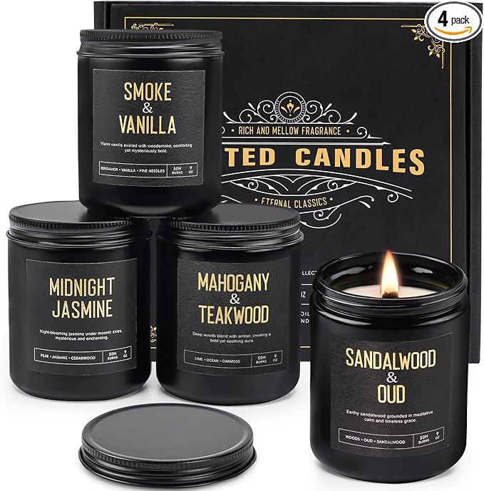 Crackling Wood Wick Candles for Men: 4 Pack 36oz Soy Scented Candles for Home Scented, Up to 200H Burning, Masculine Mens