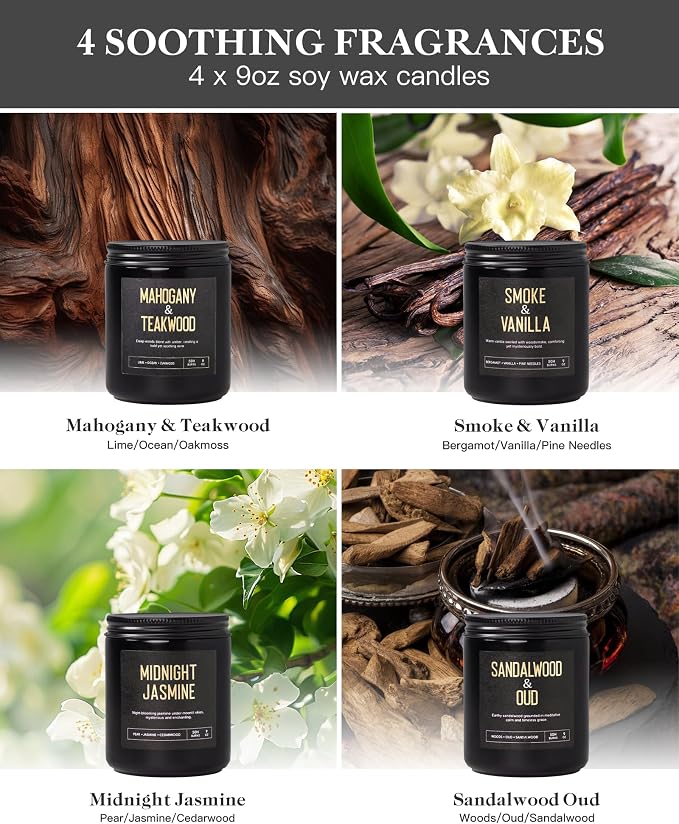 Crackling Wood Wick Candles for Men: 4 Pack 36oz Soy Scented Candles for Home Scented, Up to 200H Burning, Masculine Mens