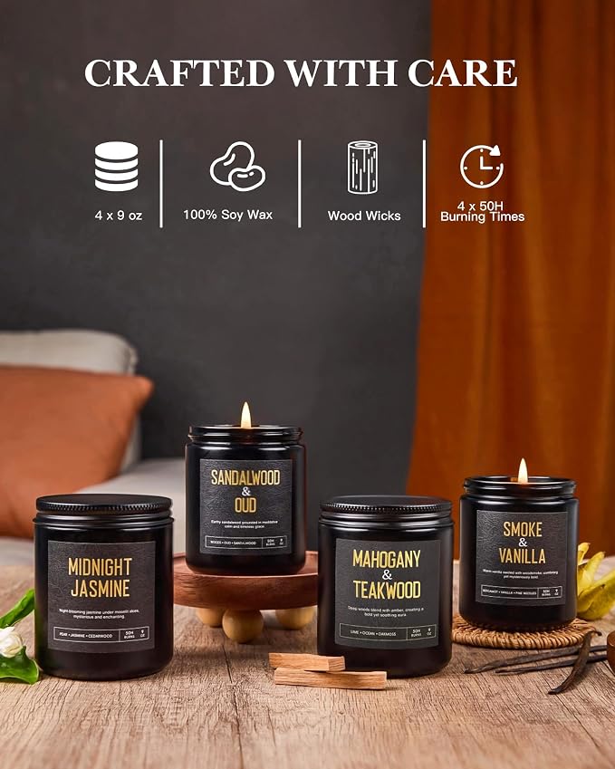 Crackling Wood Wick Candles for Men: 4 Pack 36oz Soy Scented Candles for Home Scented, Up to 200H Burning, Masculine Mens