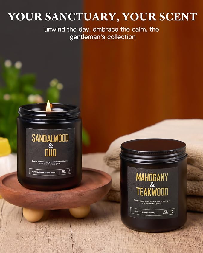 Crackling Wood Wick Candles for Men: 4 Pack 36oz Soy Scented Candles for Home Scented, Up to 200H Burning, Masculine Mens