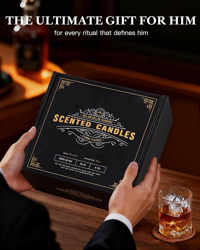 Crackling Wood Wick Candles for Men: 4 Pack 36oz Soy Scented Candles for Home Scented, Up to 200H Burning, Masculine Mens