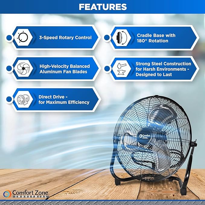 Cradle Floor Fan, Electric, High-Velocity,180 Degree Adjustable Tilt, 14 inch, 3 Speed, Carry Handle, Rubber Feet, Metal