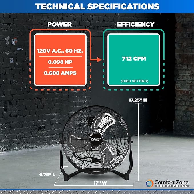 Cradle Floor Fan, Electric, High-Velocity,180 Degree Adjustable Tilt, 14 inch, 3 Speed, Carry Handle, Rubber Feet, Metal