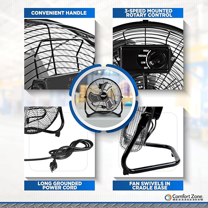 Cradle Floor Fan, Electric, High-Velocity,180 Degree Adjustable Tilt, 14 inch, 3 Speed, Carry Handle, Rubber Feet, Metal