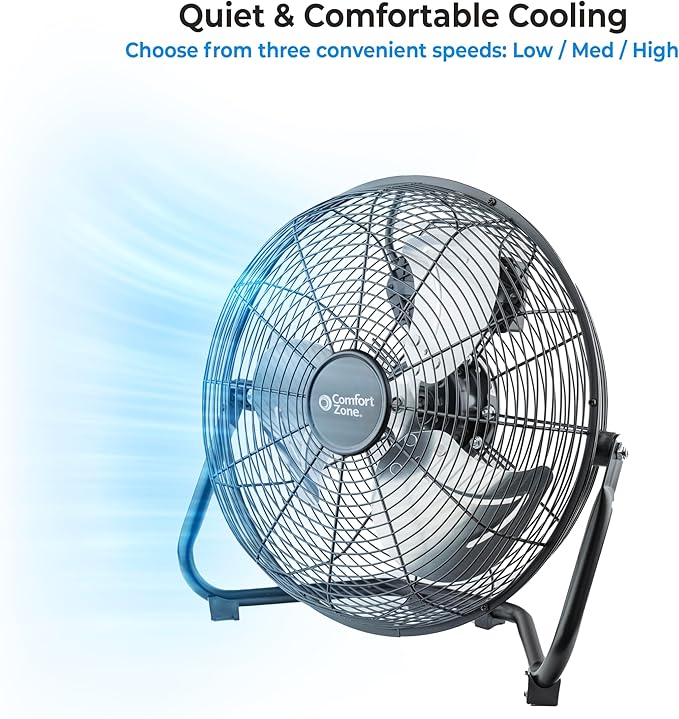 Cradle Floor Fan, Electric, High-Velocity,180 Degree Adjustable Tilt, 14 inch, 3 Speed, Carry Handle, Rubber Feet, Metal