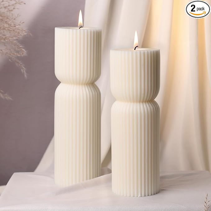 Cream White Ribbed Pillar Candles,Aesthetic Roman Column Scented Candles for Home Decor,Sandalwood Scented Natural Soy Wax