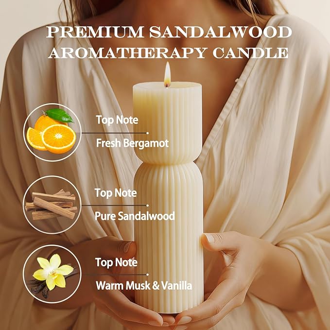 Cream White Ribbed Pillar Candles,Aesthetic Roman Column Scented Candles for Home Decor,Sandalwood Scented Natural Soy Wax