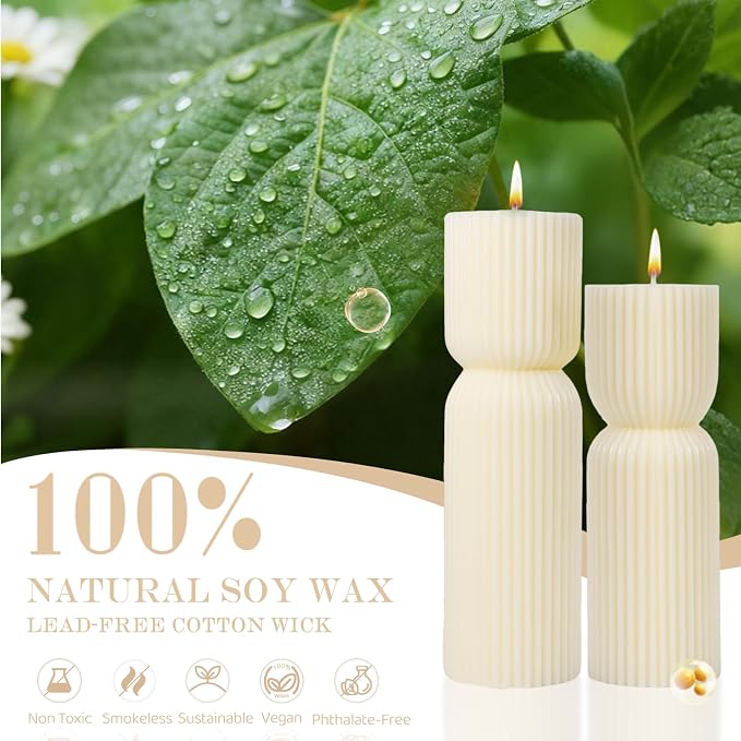 Cream White Ribbed Pillar Candles,Aesthetic Roman Column Scented Candles for Home Decor,Sandalwood Scented Natural Soy Wax