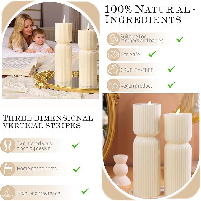 Cream White Ribbed Pillar Candles,Aesthetic Roman Column Scented Candles for Home Decor,Sandalwood Scented Natural Soy Wax