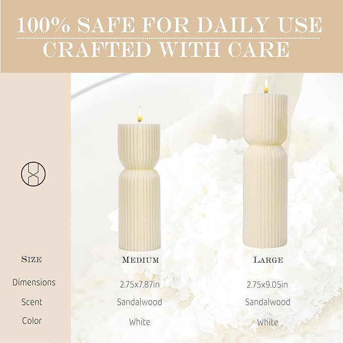 Cream White Ribbed Pillar Candles,Aesthetic Roman Column Scented Candles for Home Decor,Sandalwood Scented Natural Soy Wax
