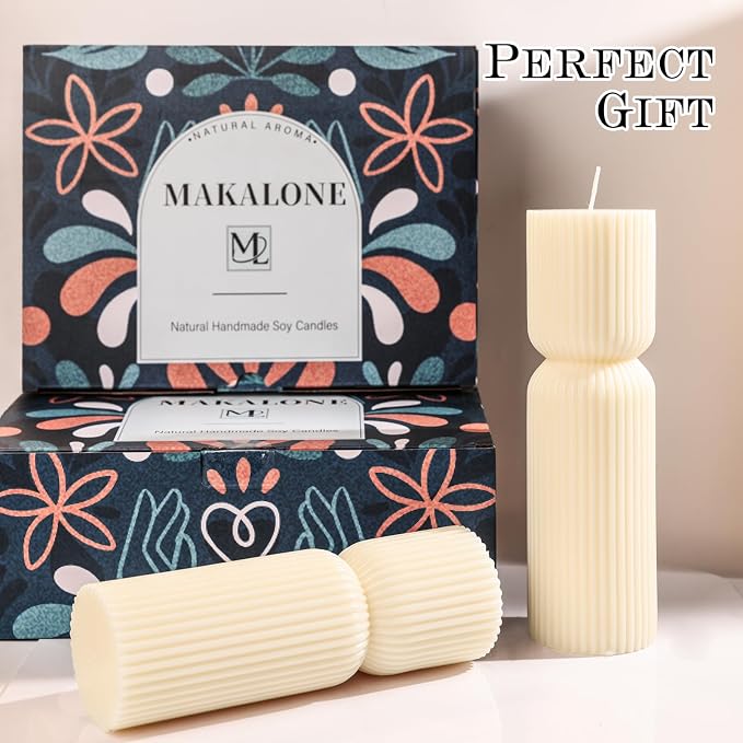 Cream White Ribbed Pillar Candles,Aesthetic Roman Column Scented Candles for Home Decor,Sandalwood Scented Natural Soy Wax