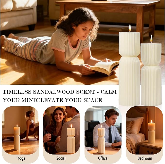 Cream White Ribbed Pillar Candles,Aesthetic Roman Column Scented Candles for Home Decor,Sandalwood Scented Natural Soy Wax