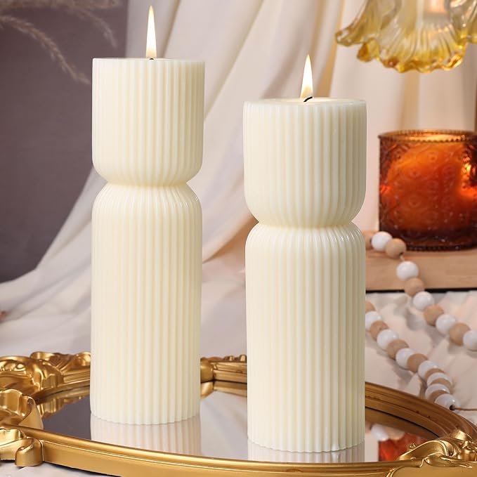 Cream White Ribbed Pillar Candles,Aesthetic Roman Column Scented Candles for Home Decor,Sandalwood Scented Natural Soy Wax