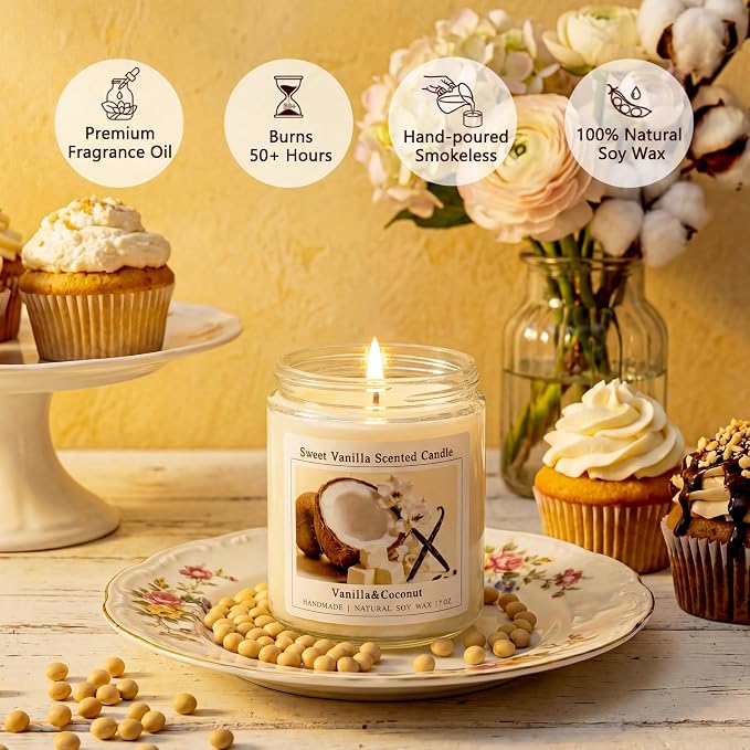 Creamy Vanilla Coconut Scented Candle, Natural Soy Candles with 50+ Hours Burn Time, Anniversary Birthday Gifts for Women