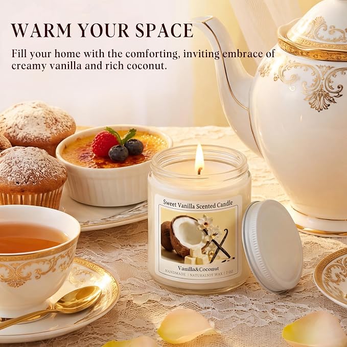 Creamy Vanilla Coconut Scented Candle, Natural Soy Candles with 50+ Hours Burn Time, Anniversary Birthday Gifts for Women